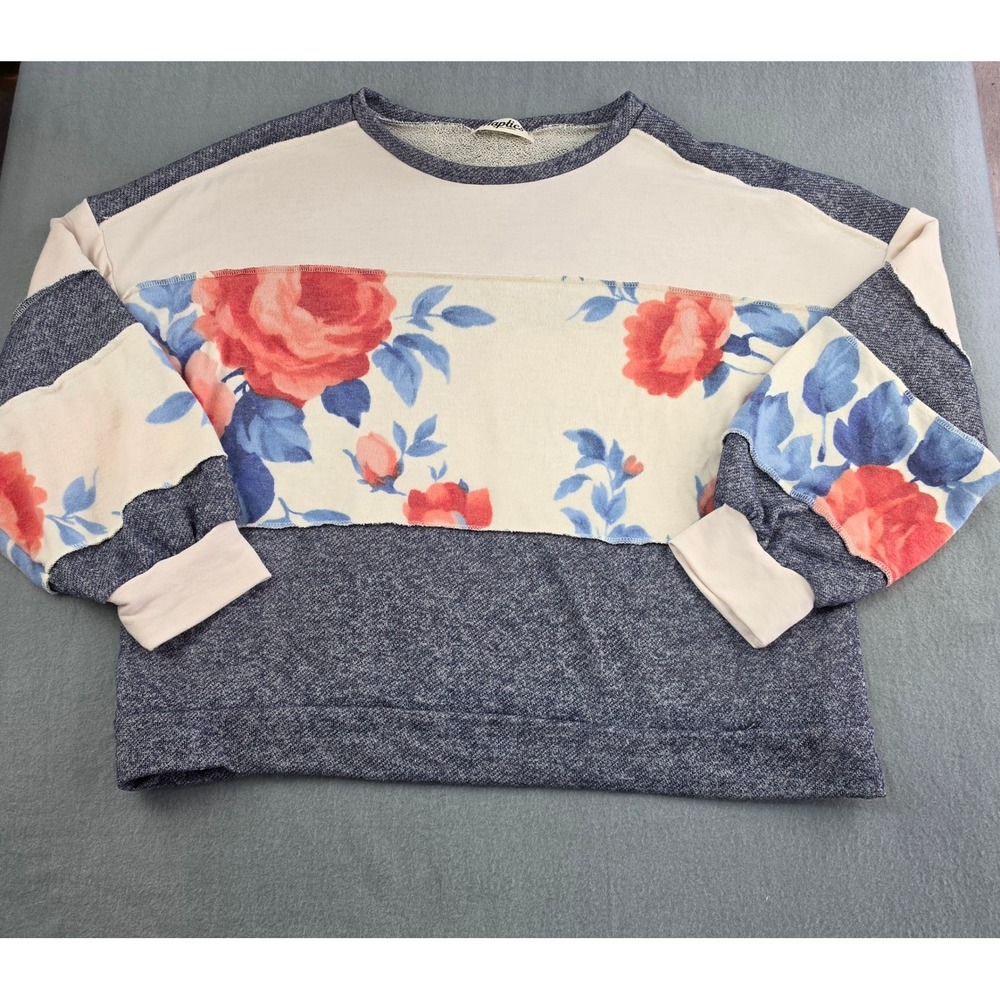 Haptics Colorblock Floral Sweatshirt Cream Blue Womens 1X Pullover‎
